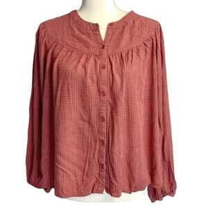Polka Dot Peasant Top Blush Pink Long Sleeve Button Down Blouse 100%‎ Size Med